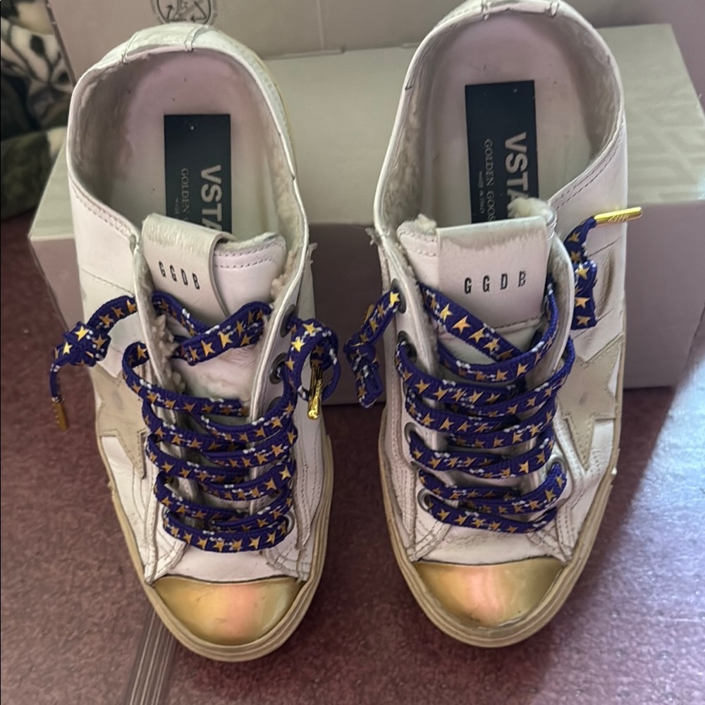 Golden Goose V Star shearling lined cream leather sneakers 37